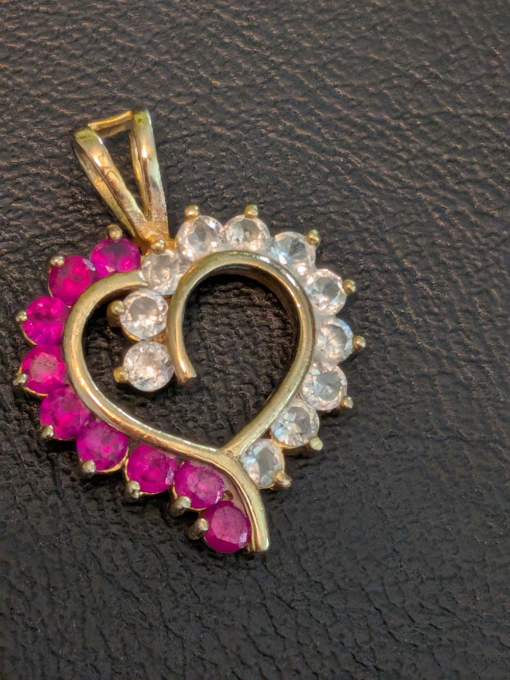 Gold Heart Pendant with Pink Ruby and White Gemstones